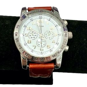 BIJOUX TERNER STAINLESS STEEL CHRONOGRAPH WRISTWATCH WITH BROWN LEATHER STRAP